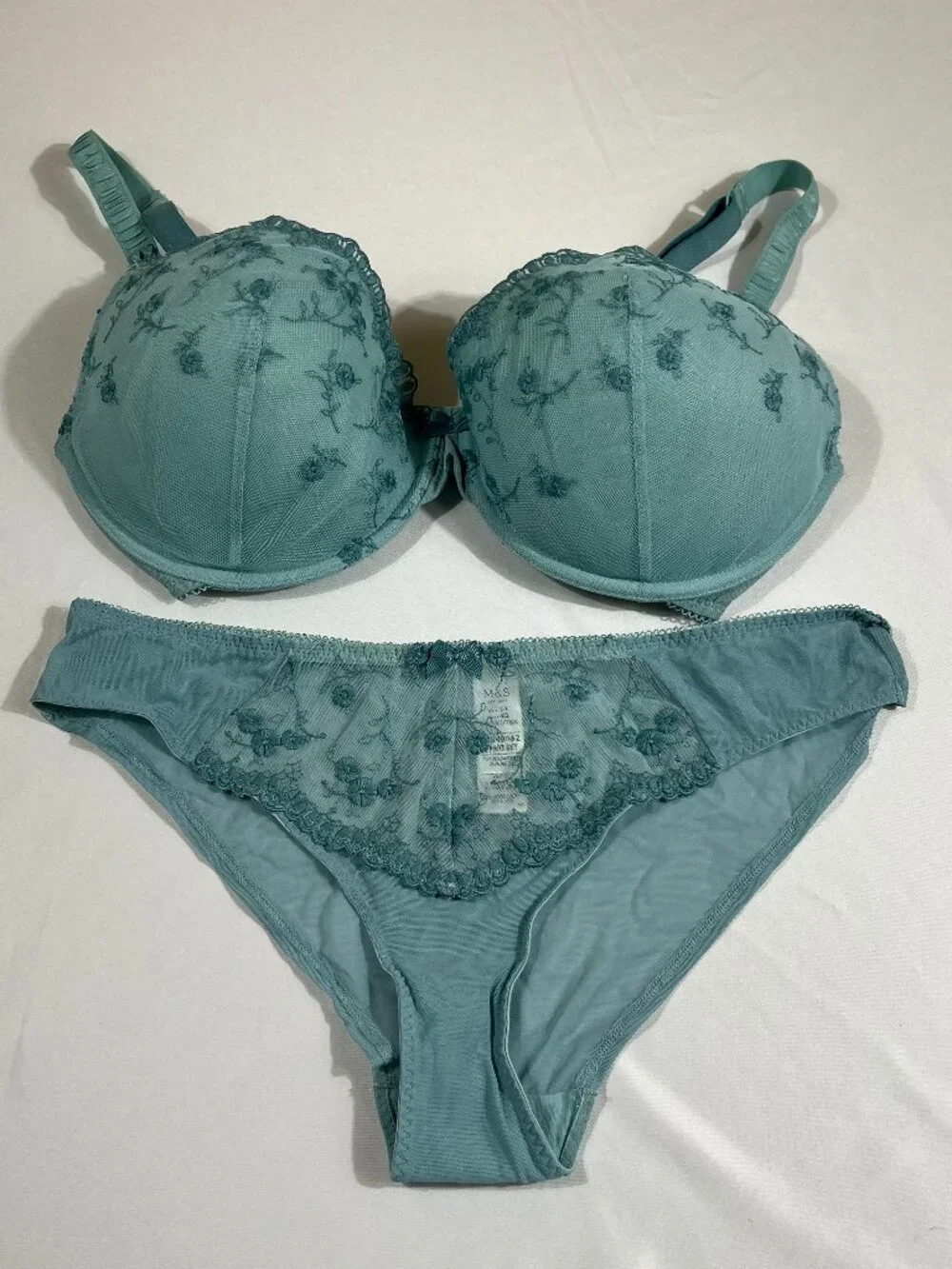 M&S Blue Floral Lace‎ Embroidery Bra & Knickers Lingerie Set 36DD UK 14